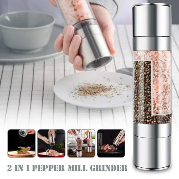 2-in-1 Double-Headed Stainless Steel Salt & Pepper Grinder – Manual Adjustable Coarseness Spice Mill for Steak, Salad & Kitchen Use