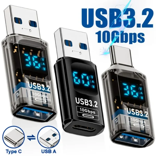 USB 3.2 Digital Display Adapter 10Gbps – Power Meter Tester, 36-60W Fast Charging Type-C Converter for Phones,  Laptops, and Computers